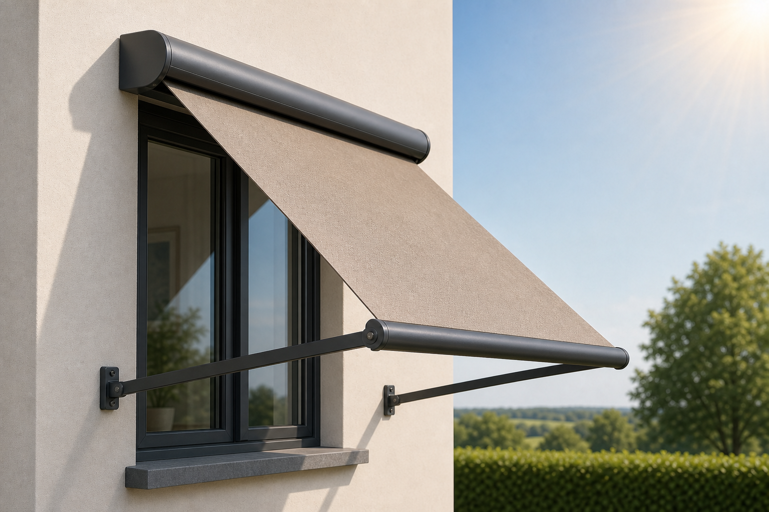 Zijaanzicht van een uitvalscherm: de cassette zit boven het raam, het doek valt schuin naar buiten, de uitvalarmen dragen de voorlijst en zonlicht wordt voor het glas tegengehouden.
